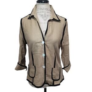 Knit Chic Tan w.  Black Trim 3 Button Up Linen Long Sleeved Blazer Suit Jacket